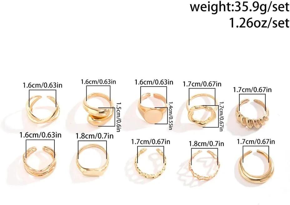 10Pcs Chunky Stackable Rings Set,Charming Plated Gold Geometric Open Knuckle Rings,Trendy Hollow Personalized Statement Midi Rings for Women