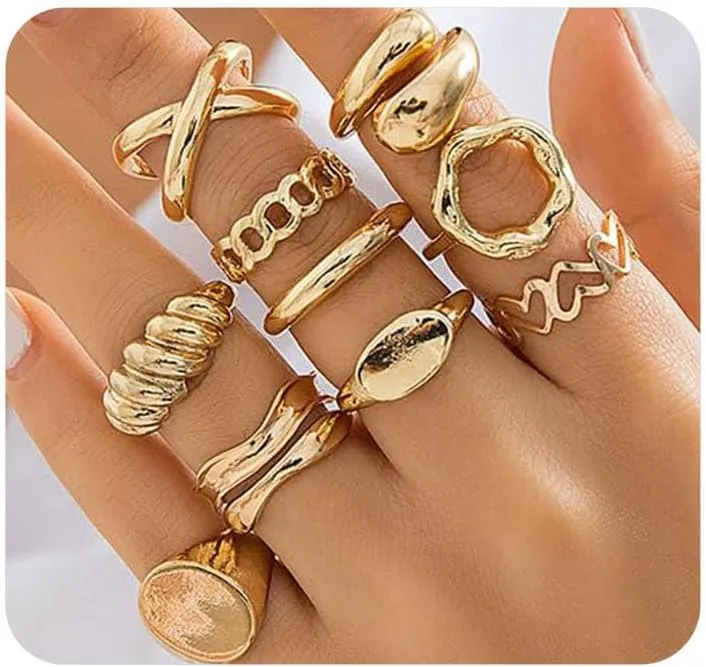 10Pcs Chunky Stackable Rings Set,Charming Plated Gold Geometric Open Knuckle Rings,Trendy Hollow Personalized Statement Midi Rings for Women