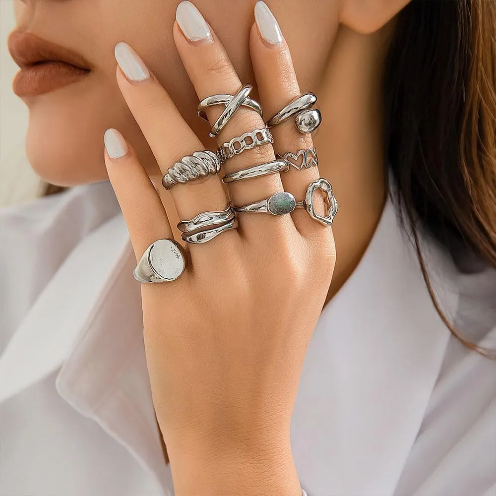 10Pcs Chunky Stackable Rings Set,Charming Plated Gold Geometric Open Knuckle Rings,Trendy Hollow Personalized Statement Midi Rings for Women