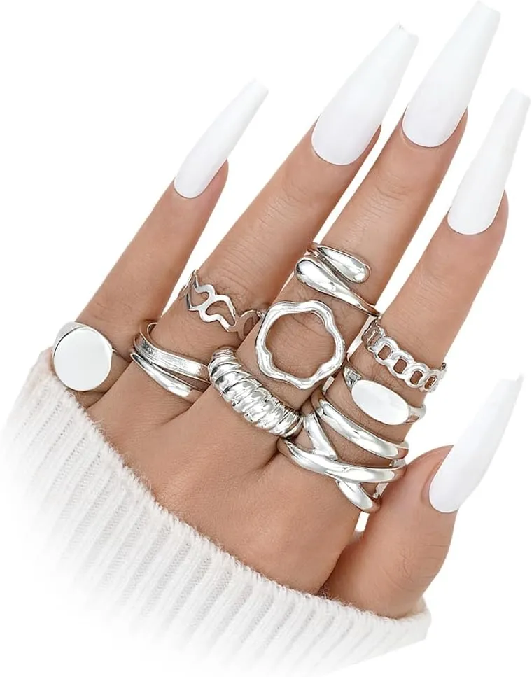 10Pcs Chunky Stackable Rings Set,Charming Plated Gold Geometric Open Knuckle Rings,Trendy Hollow Personalized Statement Midi Rings for Women