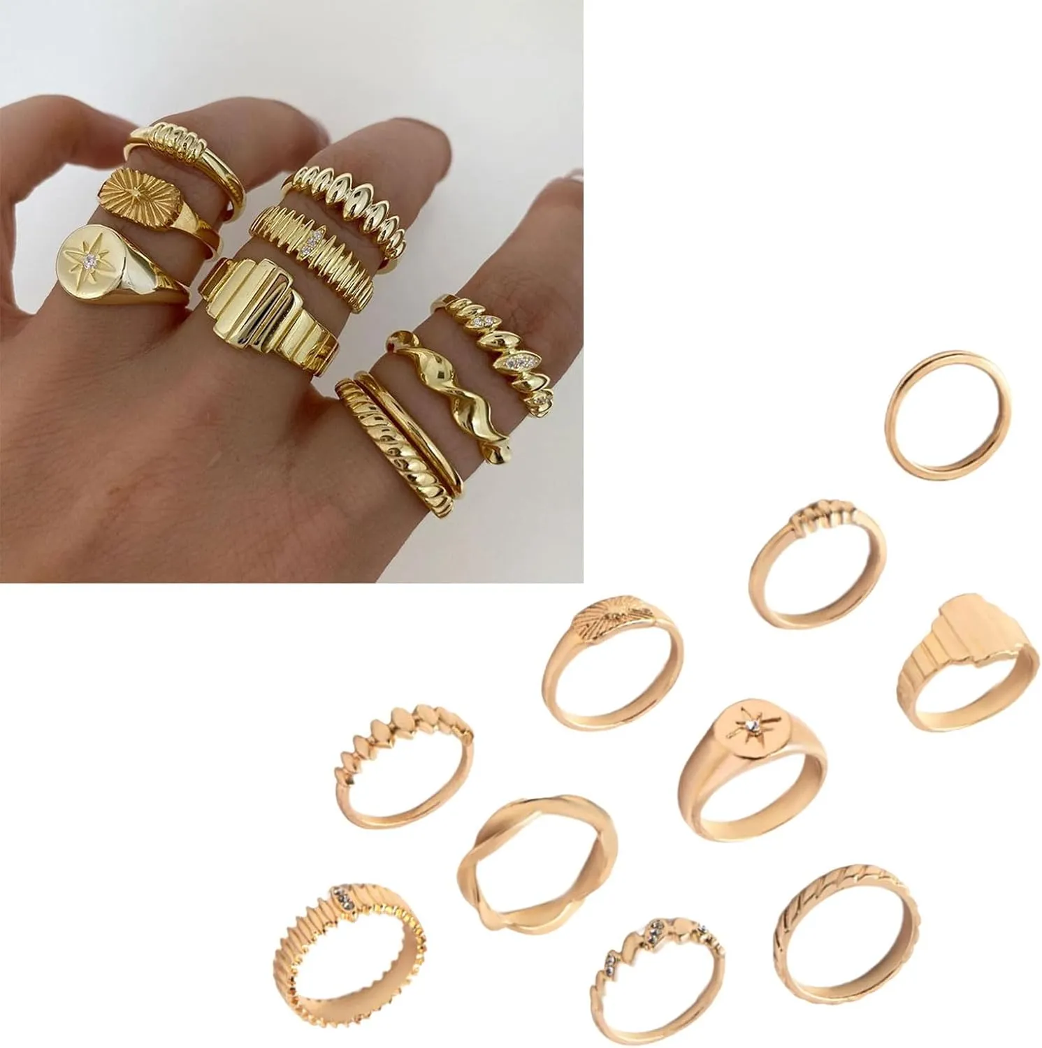 10pieces Geometric Shaped Rings Set with Crystal Gold/Silver Plated Rings Adjustable Accessories for Women