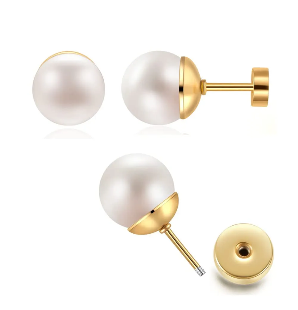 14K Gold Big Pearl Stud Earrings for Women,Flat Screw Back Pearl Helix Earrings Cartilage Earrings 316L Surgical Steel Piercing Jewelry Gift Hypoallergenic(10mm,14K Gold)