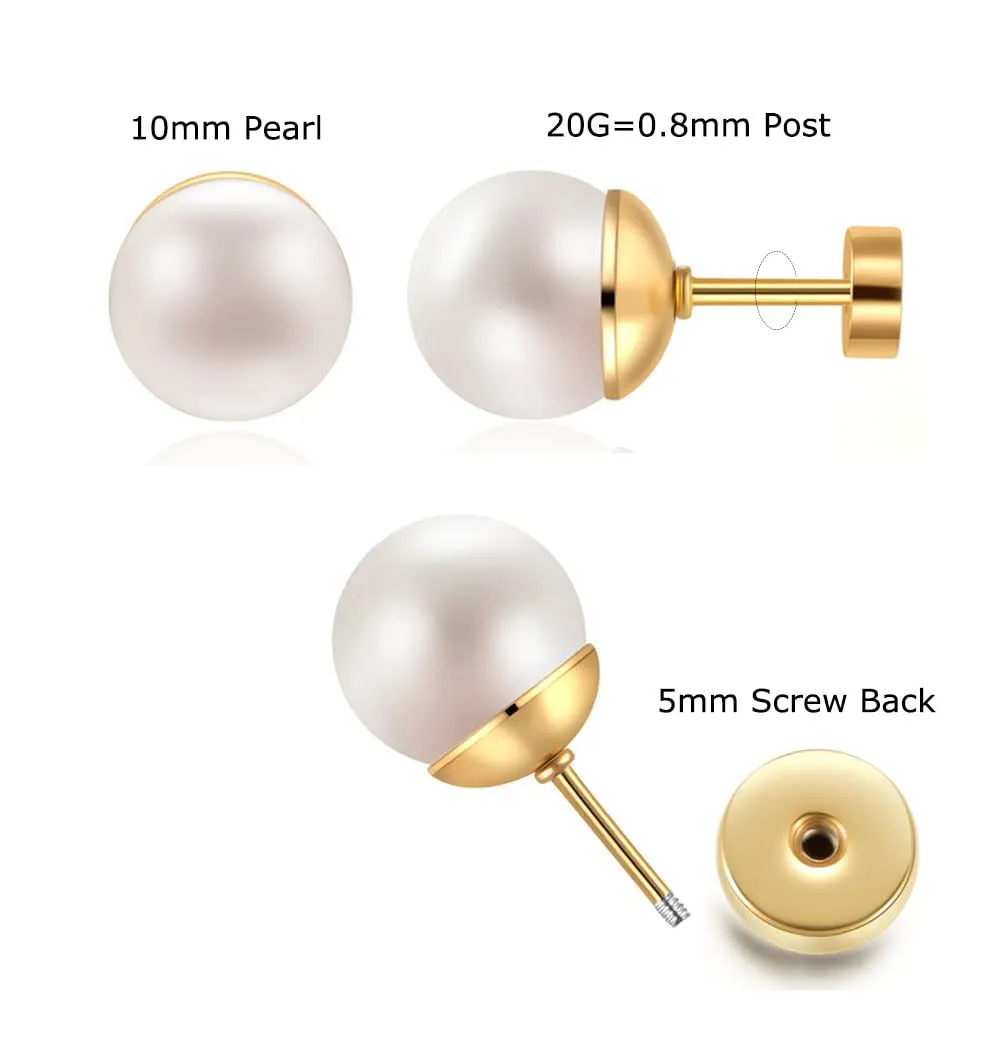 14K Gold Big Pearl Stud Earrings for Women,Flat Screw Back Pearl Helix Earrings Cartilage Earrings 316L Surgical Steel Piercing Jewelry Gift Hypoallergenic(10mm,14K Gold)