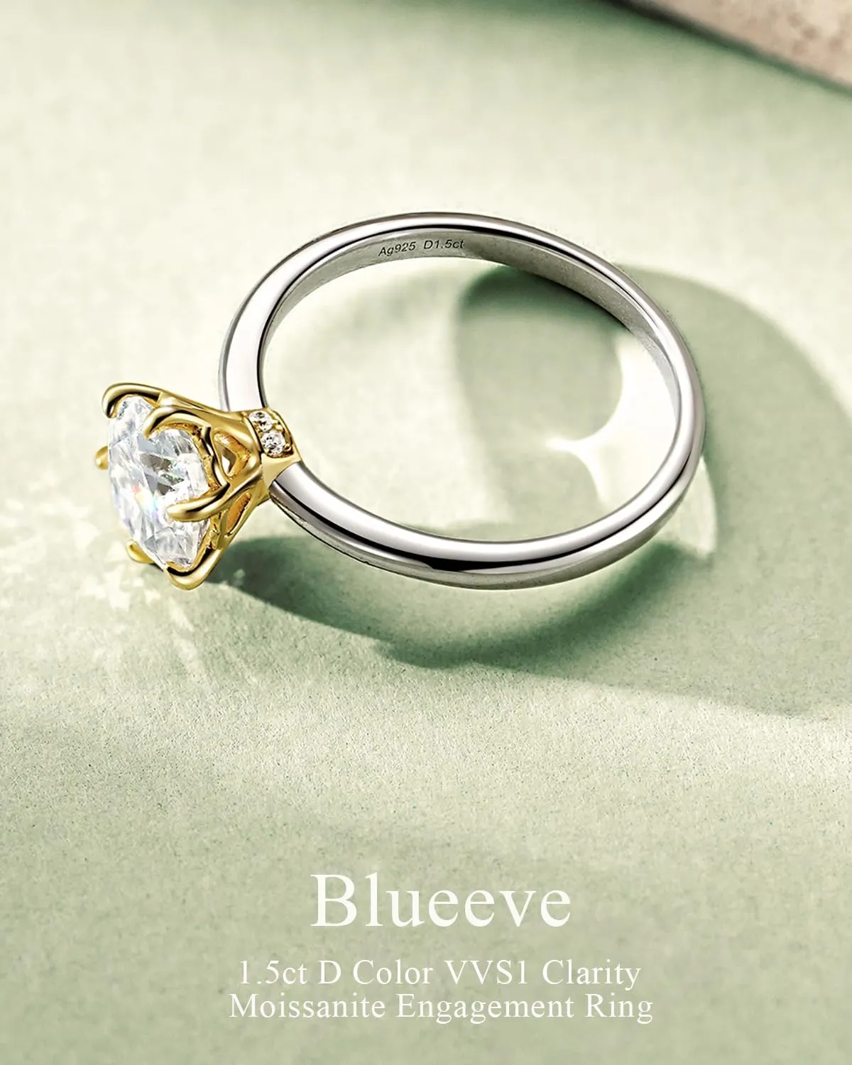 1.5ct Moissanite Solitaire Ring for Women, 14K Yellow Gold-Plated 6 Prongs & White Gold-Plated Accents on S925 Sterling Silver, Dual-Tone Wedding Engagement Ring