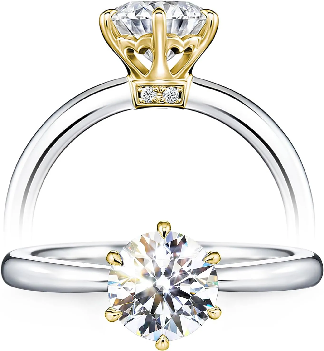 1.5ct Moissanite Solitaire Ring for Women, 14K Yellow Gold-Plated 6 Prongs & White Gold-Plated Accents on S925 Sterling Silver, Dual-Tone Wedding Engagement Ring