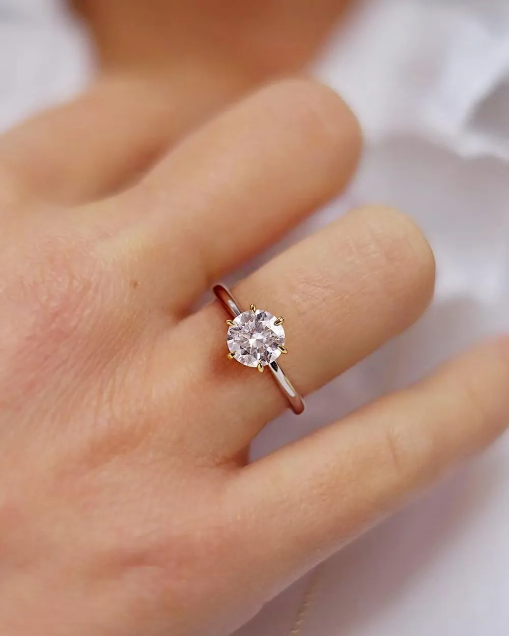 1.5ct Moissanite Solitaire Ring for Women, 14K Yellow Gold-Plated 6 Prongs & White Gold-Plated Accents on S925 Sterling Silver, Dual-Tone Wedding Engagement Ring
