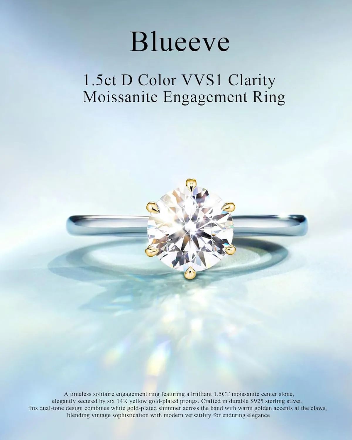 1.5ct Moissanite Solitaire Ring for Women, 14K Yellow Gold-Plated 6 Prongs & White Gold-Plated Accents on S925 Sterling Silver, Dual-Tone Wedding Engagement Ring