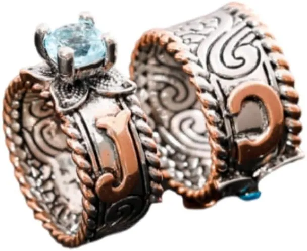 18k gold 925 sterling silver rose gold dual tone set with retro full circle relief, sapphire white zirconium pattern, retro pattern, painted gold couple set Size 6