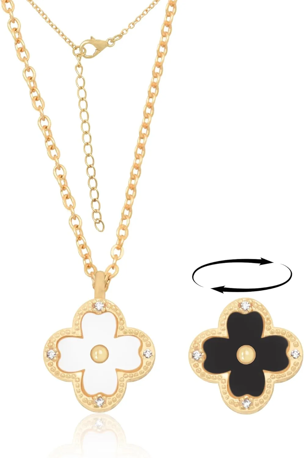 18K Gold Four Leaf Studded Clover Necklace | Double Sided black & white Clover Necklace for Women | Lovely Gift