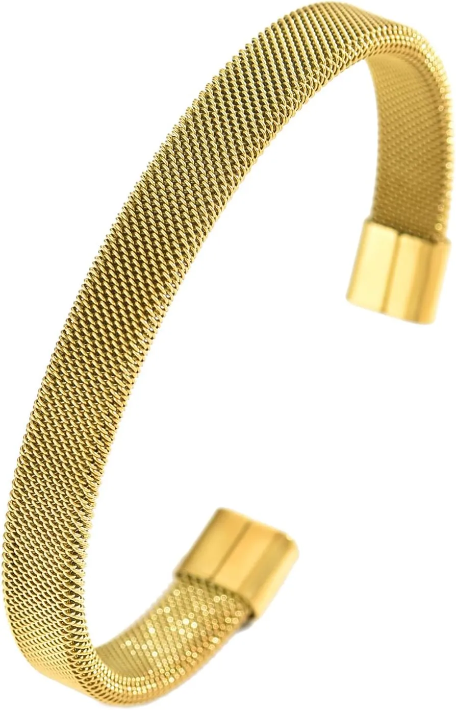 18K Gold Plated Bracelets for Women Mesh Link Chain Cubic Zirconia Oval Bangle Cuff Bracelets Stackable Stainless Steel Jewelry