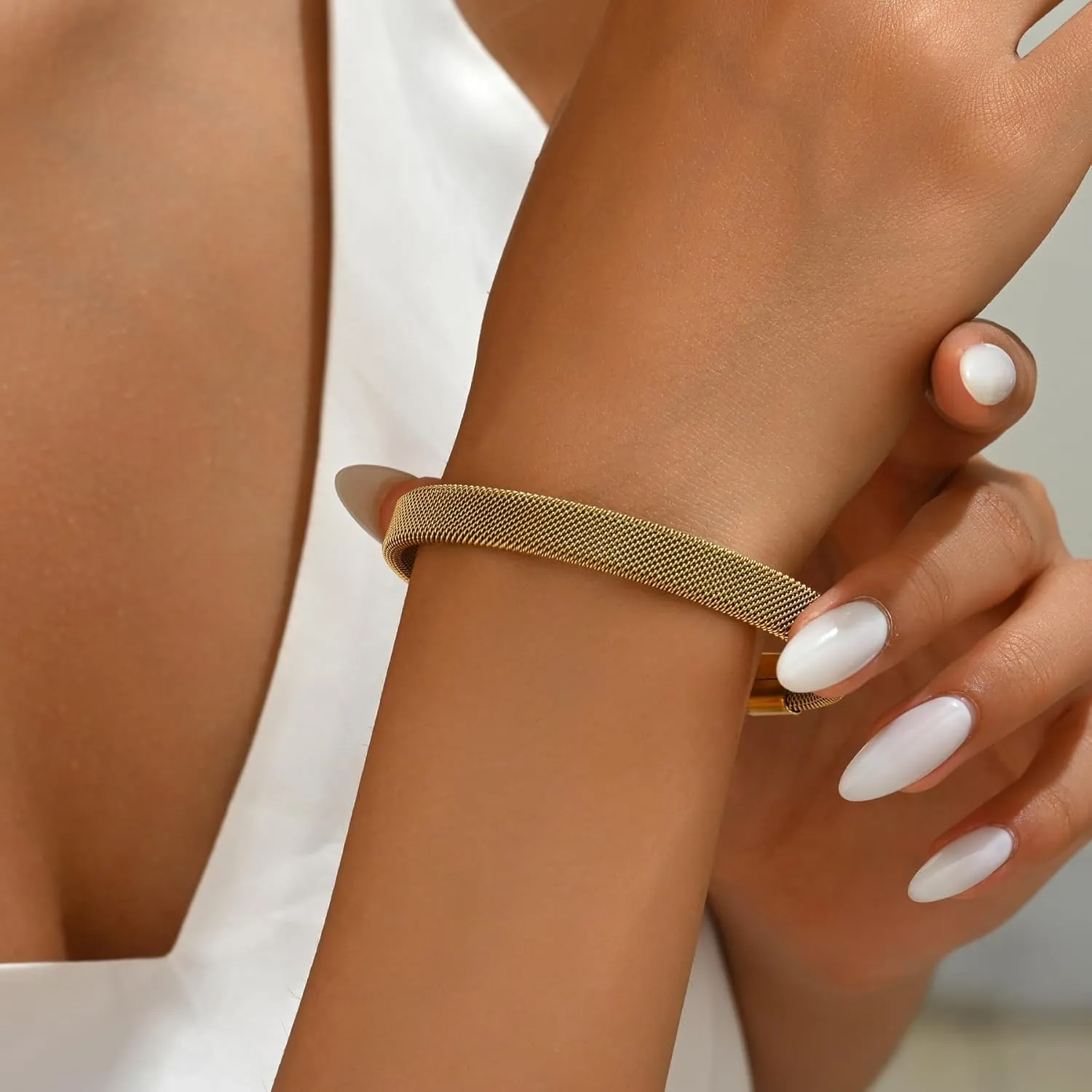 18K Gold Plated Bracelets for Women Mesh Link Chain Cubic Zirconia Oval Bangle Cuff Bracelets Stackable Stainless Steel Jewelry