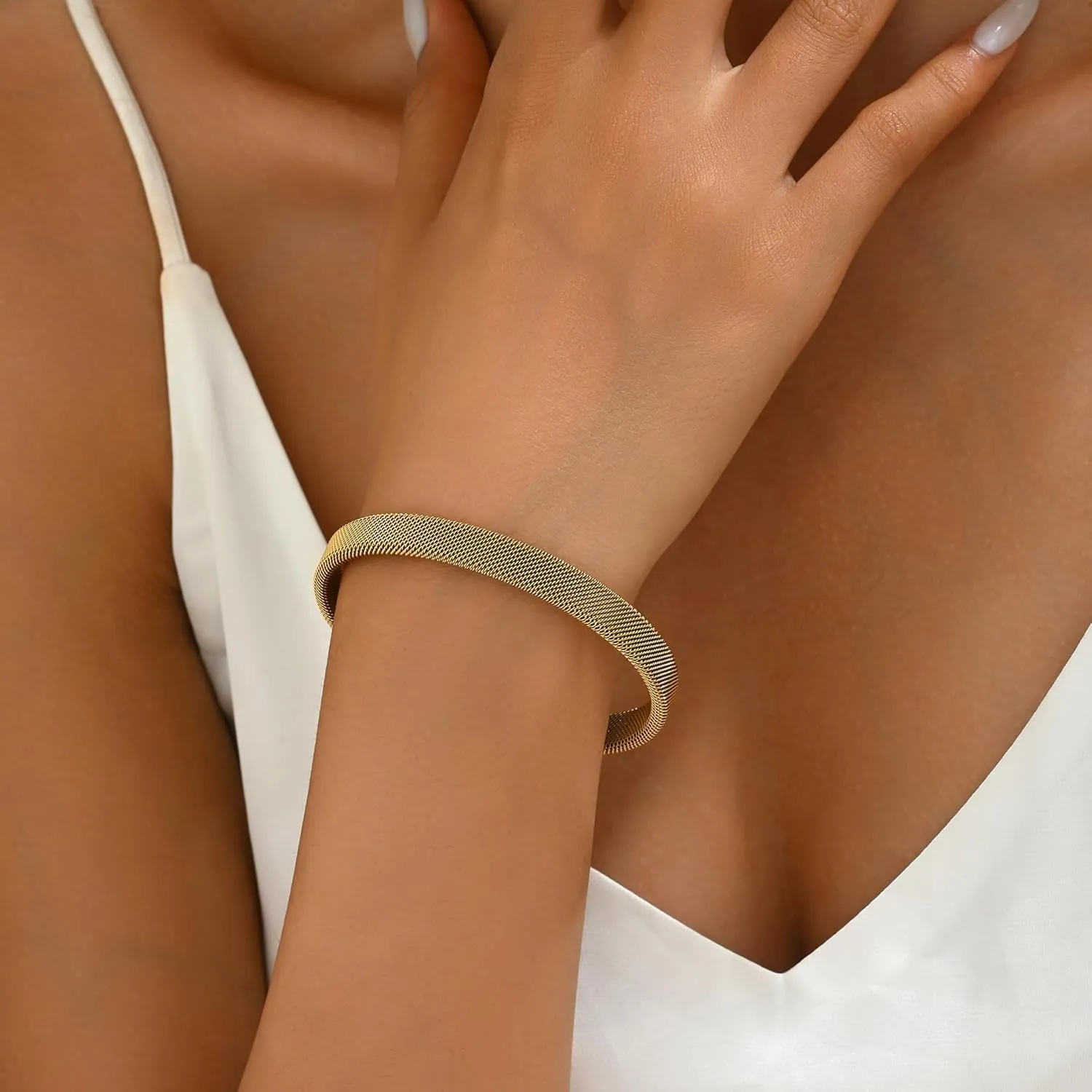 18K Gold Plated Bracelets for Women Mesh Link Chain Cubic Zirconia Oval Bangle Cuff Bracelets Stackable Stainless Steel Jewelry