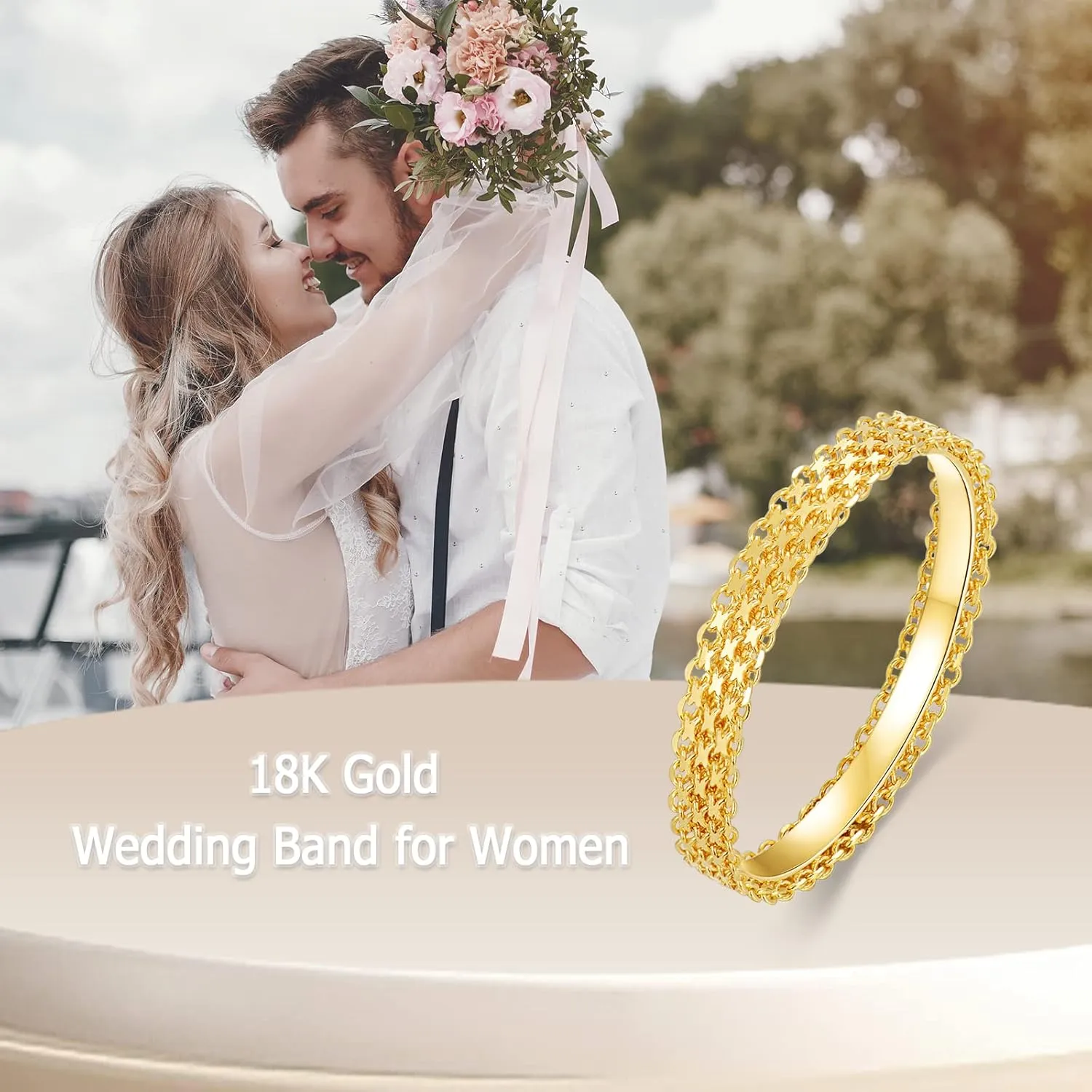 18K Solid Gold Wedding Band for Women Men Yellow Gold Diamond-Cut Mesh Link Band Wedding Anniversary Rings Bride Wedding Jewelry Gifts for Her