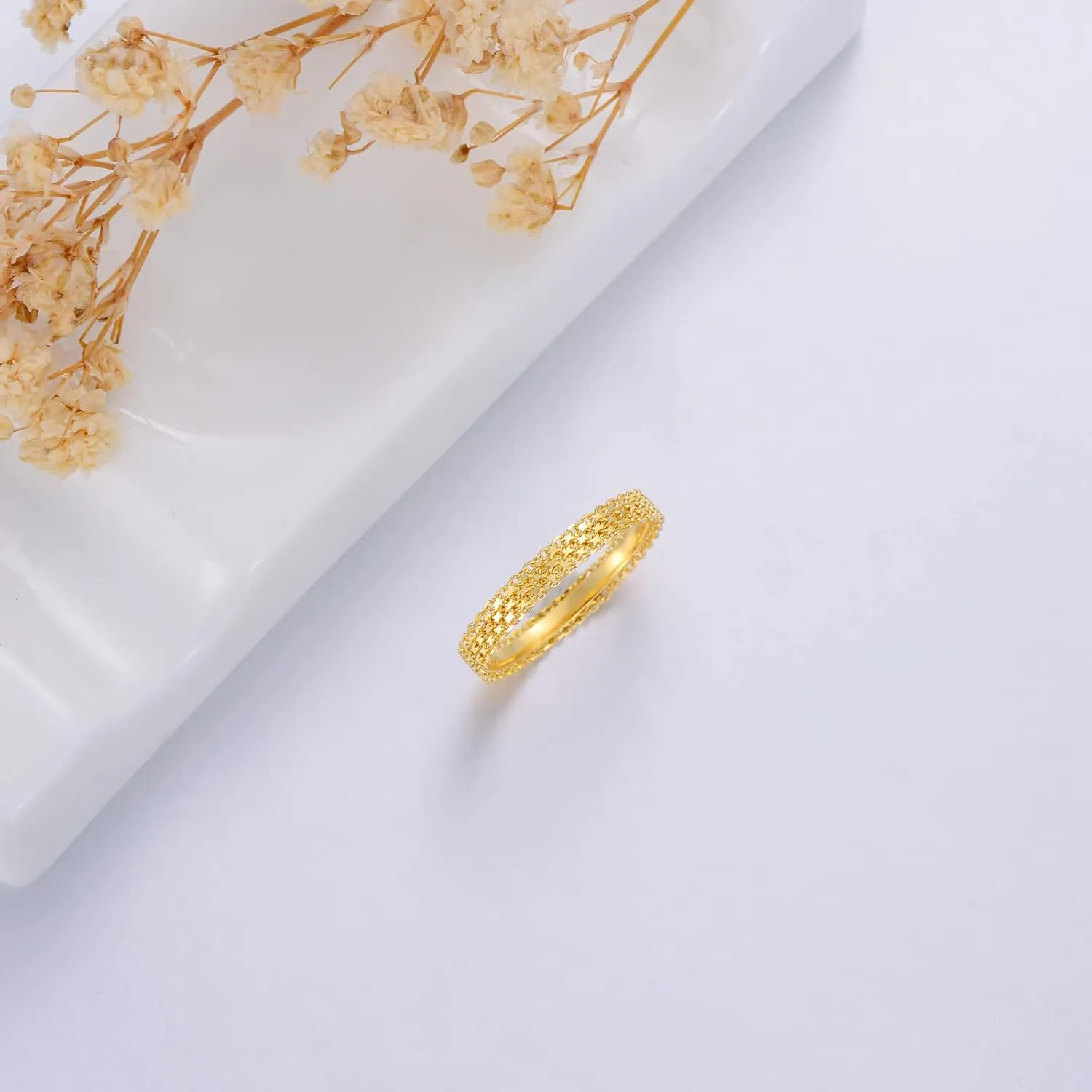 18K Solid Gold Wedding Band for Women Men Yellow Gold Diamond-Cut Mesh Link Band Wedding Anniversary Rings Bride Wedding Jewelry Gifts for Her