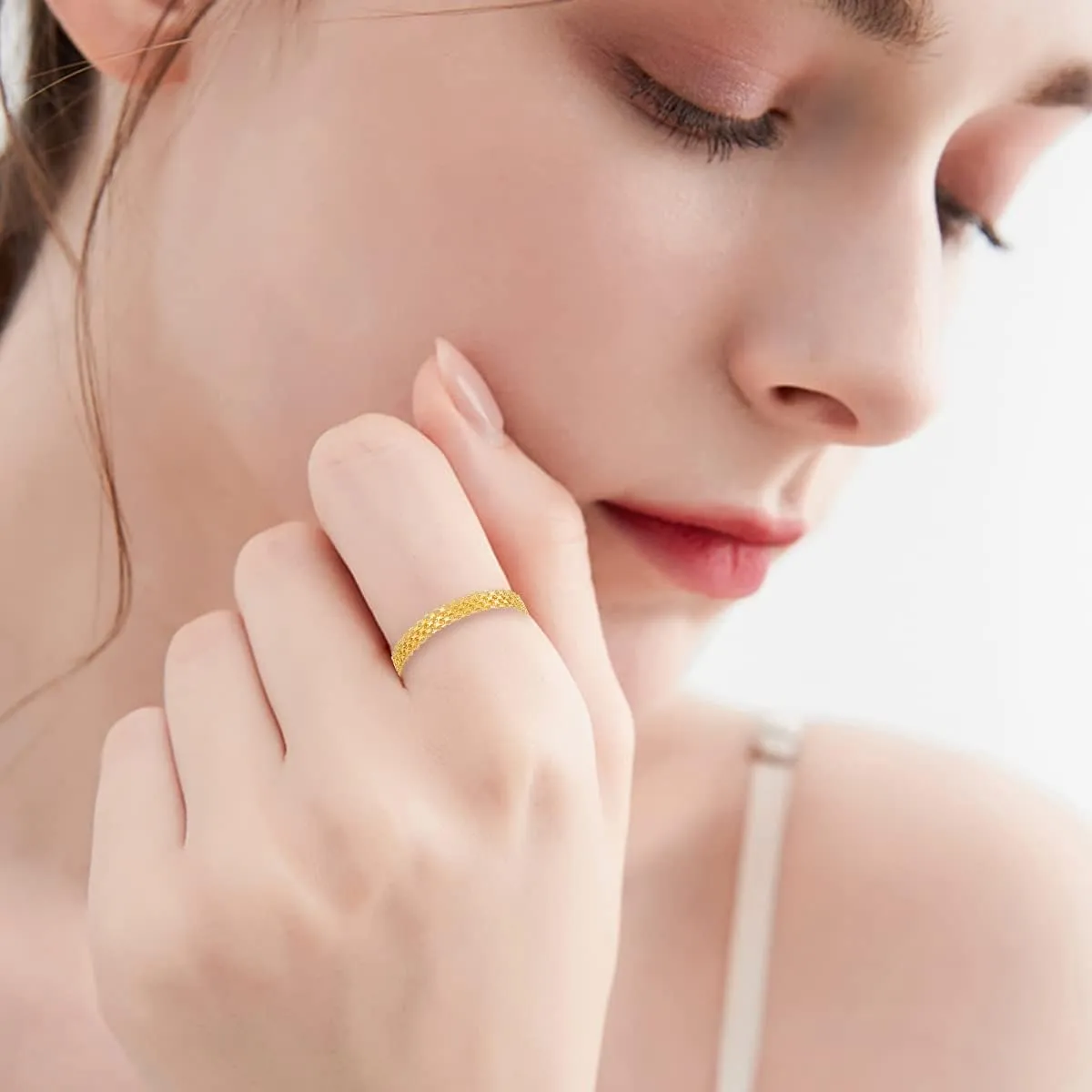 18K Solid Gold Wedding Band for Women Men Yellow Gold Diamond-Cut Mesh Link Band Wedding Anniversary Rings Bride Wedding Jewelry Gifts for Her