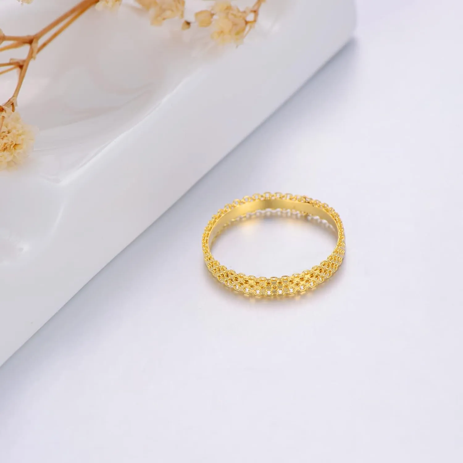 18K Solid Gold Wedding Band for Women Men Yellow Gold Diamond-Cut Mesh Link Band Wedding Anniversary Rings Bride Wedding Jewelry Gifts for Her