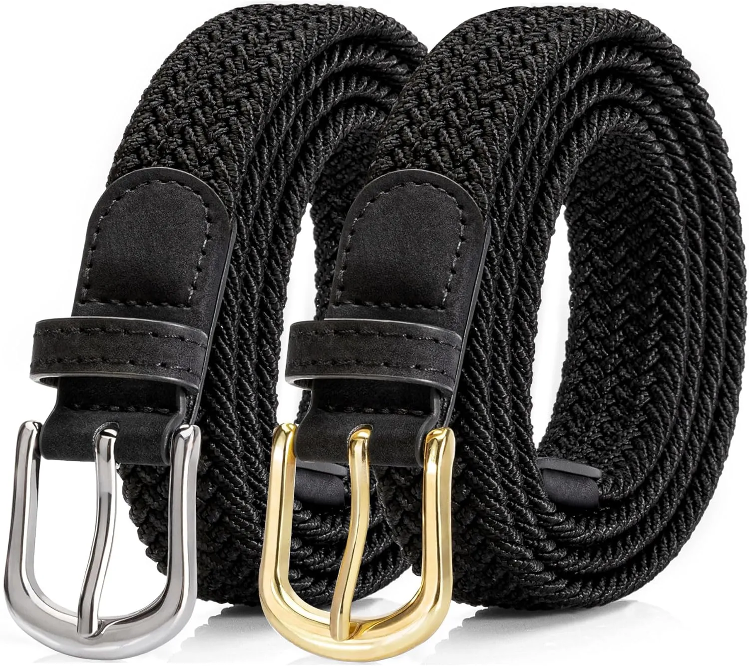 2 Pack Braided Belt for Women, Elastic Woven Stretch Fabric Cloth Belt with Gold Buckle