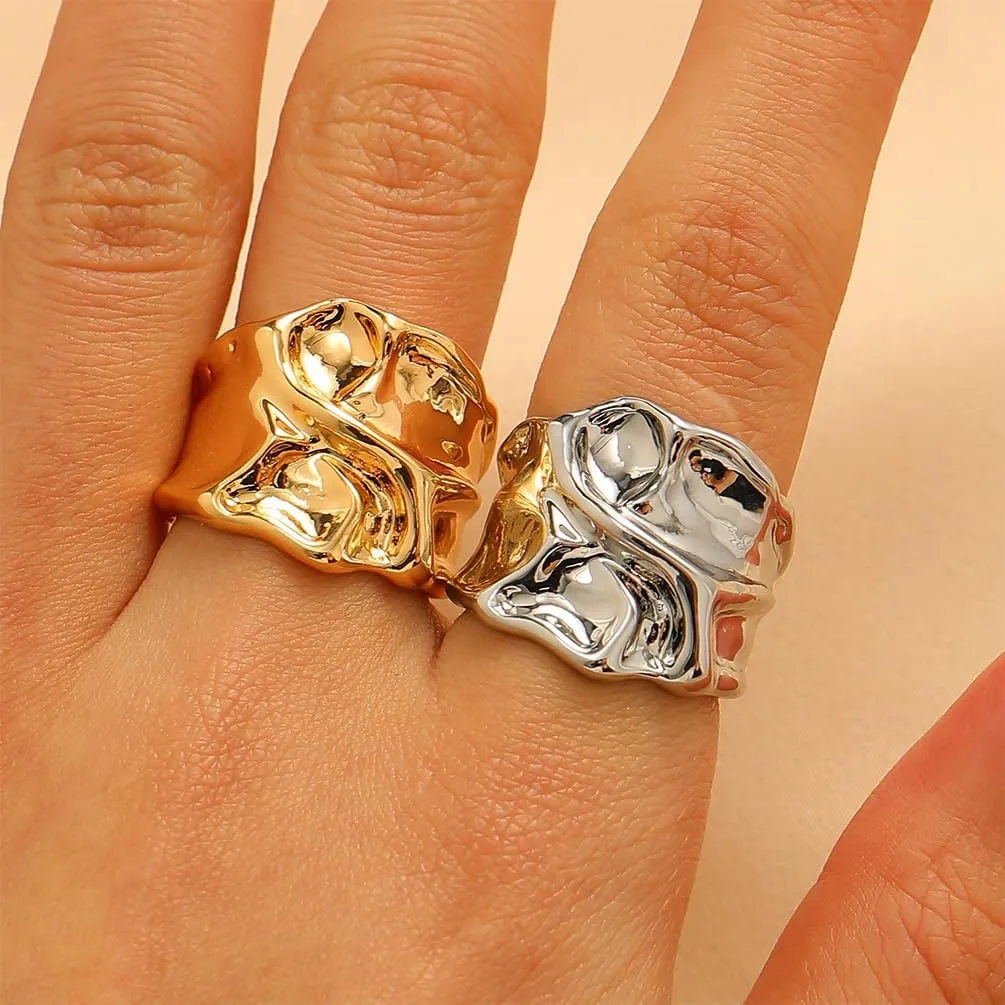 2 Pcs Dainty Gold Silver Y2k Rings Jewelry Set for Women, Unique Thick Open Stackable Rings Chunky Hollow Irregular Geometric Ring Party Jewelry Gifts