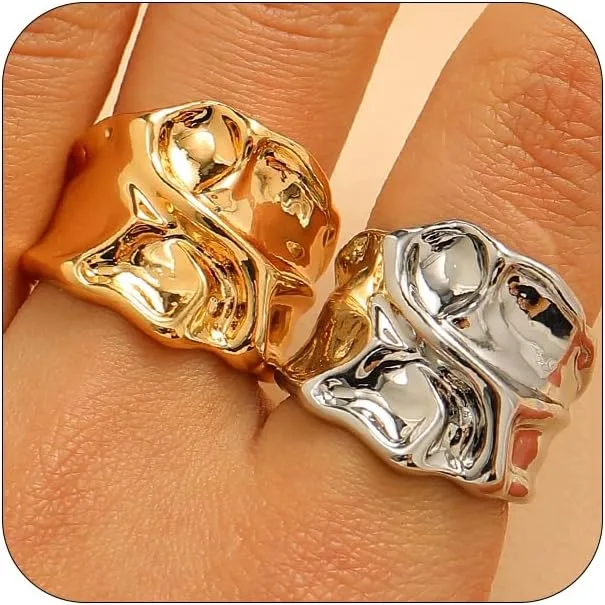 2 Pcs Dainty Gold Silver Y2k Rings Jewelry Set for Women, Unique Thick Open Stackable Rings Chunky Hollow Irregular Geometric Ring Party Jewelry Gifts