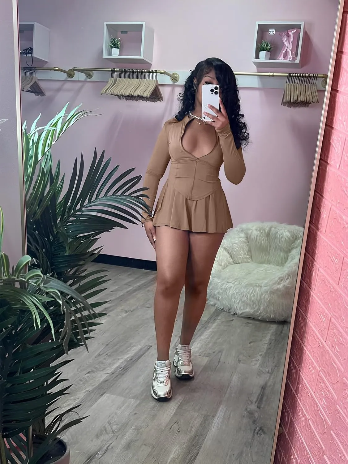 2 Piece Tennis Golf Skorts Skirt Sets for Women with Shorts Long Sleeve Zipper Crop Top Mini Dress
