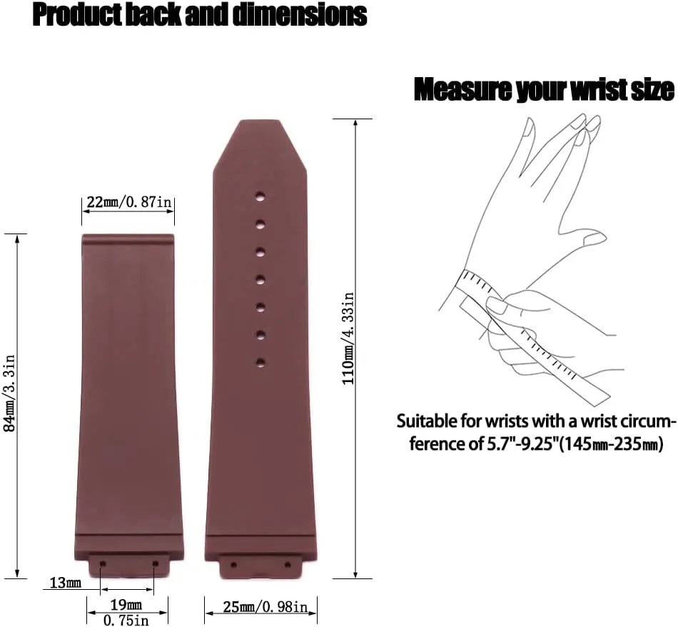 25mm x 19mm Replacement Rubber Strap Compatible with Hublot Big Bang Silicone Watch Band Sports waterproof Linear texture bracelet