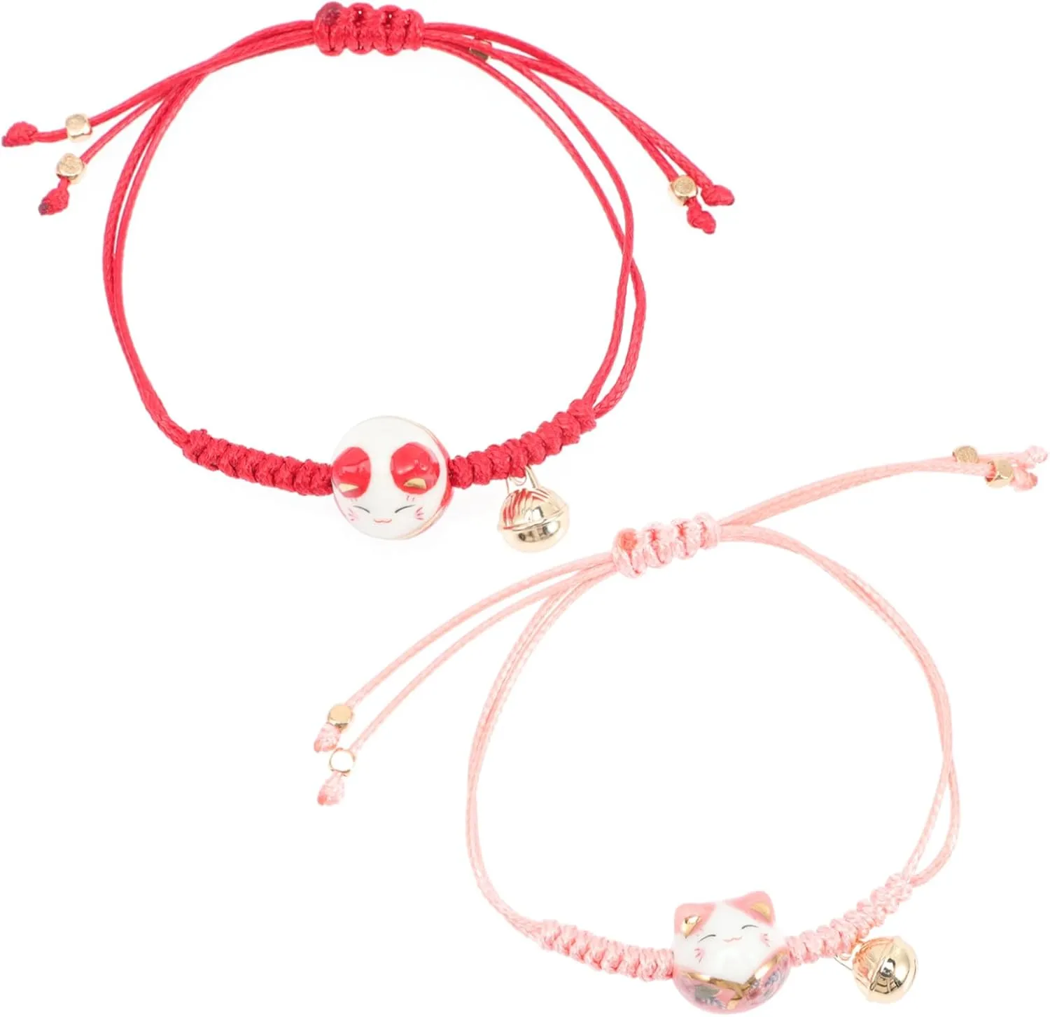 2Pcs Chinese Woven Bracelet for Women Cat Charm String Bracelets Handmade Fashion Accessory with Bell for Friendship and Daily Wear