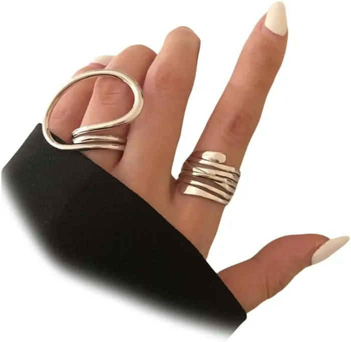 2Pcs Chunky Gold Geometric Statement Knuckle Rings Set Adjustable Irregular Open Thumb Ring Vintage Two Finger Joint Midi Jewelry Metal Accessories for Women