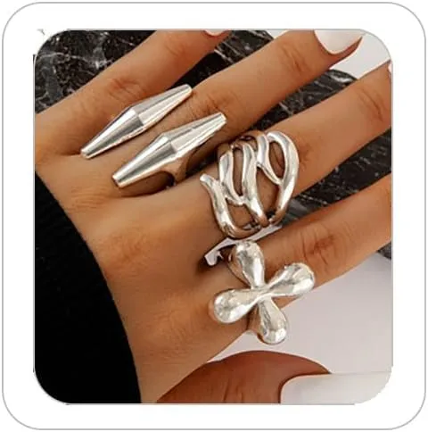 3-12PCS Gold Chunky Rings For Women 14K Gold Plated Stacking Ring Set Open Dome Knuckle Rings Adjustable Chunky Signet Rings Irregular Skeleton Geometric Stacking Ring Set