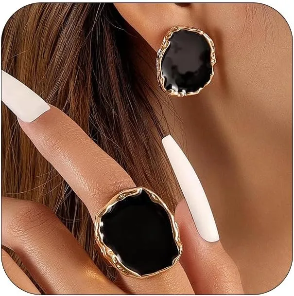 3Pcs Statement Chunky Gold Big Black Enamel Drip Ring Earrings Set for Women, Retro Large CZ Crystal Cocktail Rings Earring Punk Geometric Jewelry Gift