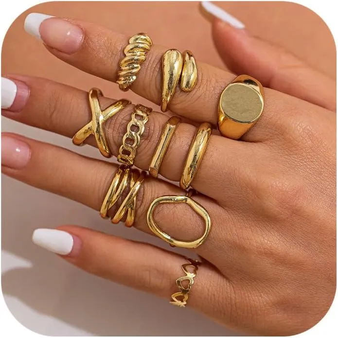 4-10PCS Gold Chunky Rings Set for Women Adjustable Dainty Stackable Dome Knuckle Rings Stacking Thin Thick Statement Rings Prom Costume Accessories