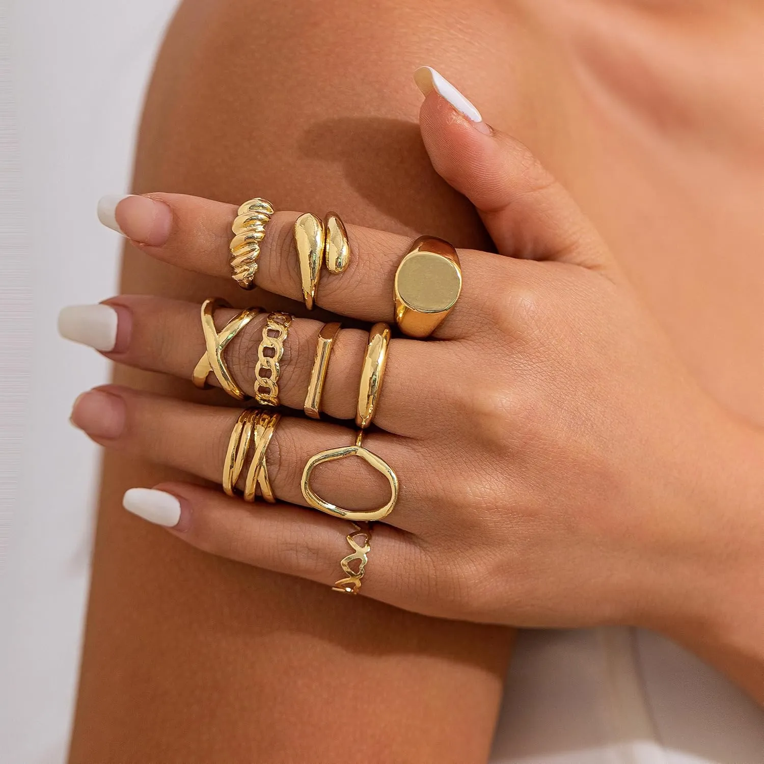 4-10PCS Gold Chunky Rings Set for Women Adjustable Dainty Stackable Dome Knuckle Rings Stacking Thin Thick Statement Rings Prom Costume Accessories