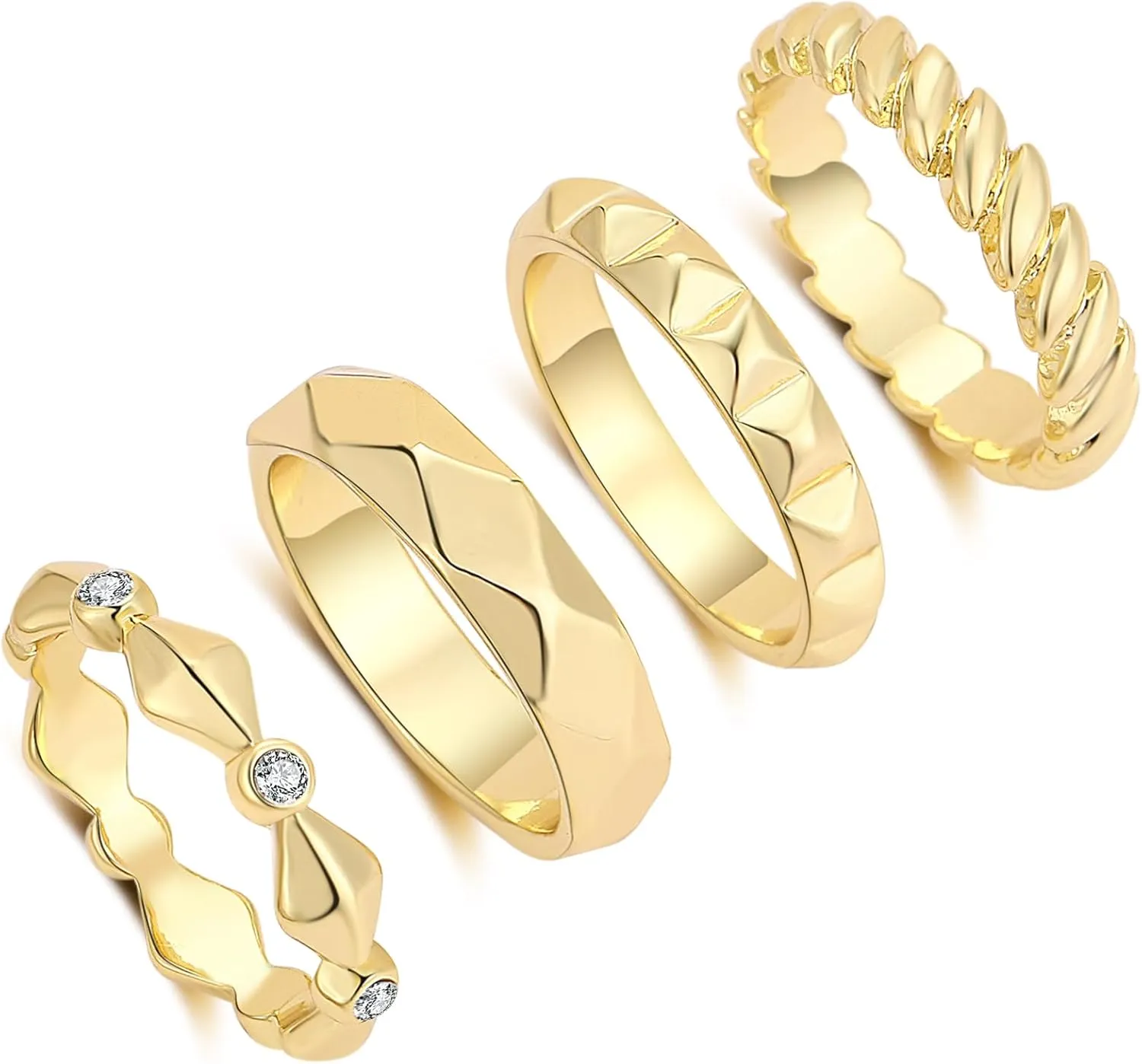 4Pcs Gold Plated Stackable Rings Set for Women, Geometric Wedding Band Alternative, Minimalist Statement Rings with CZ, Dainty Fashion Jewelry Gift
