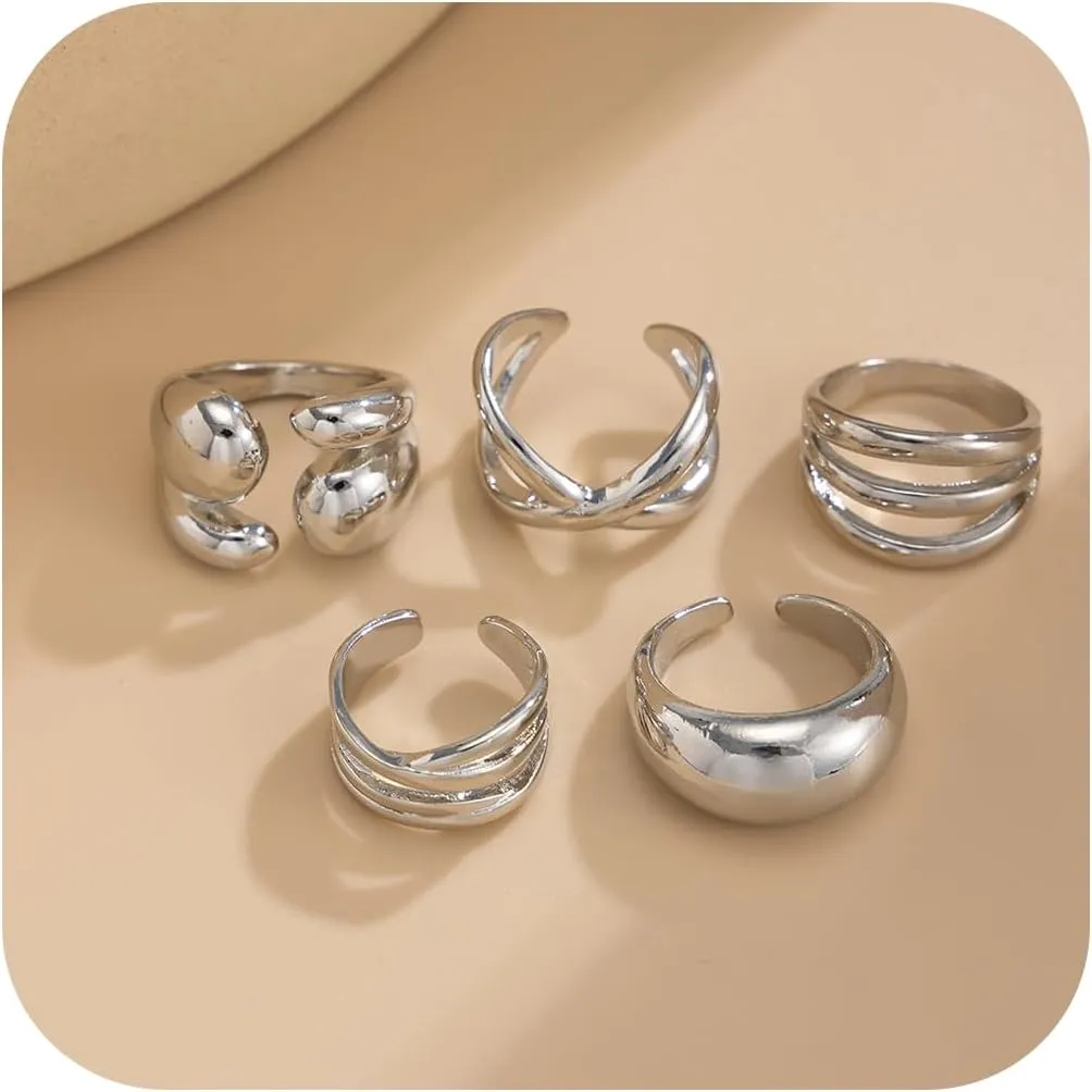 5Pcs Chunky Geometric Stack Rings Set for Women,Simple Statement Wide Dome Finger Open Ring Pack Trendy Birthday Punk Hip Hop Jewelry Gifts