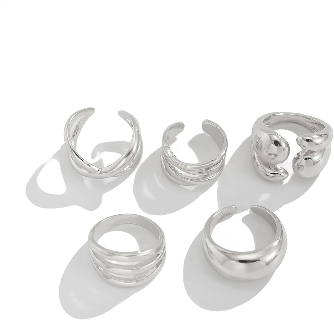 5Pcs Chunky Geometric Stack Rings Set for Women,Simple Statement Wide Dome Finger Open Ring Pack Trendy Birthday Punk Hip Hop Jewelry Gifts