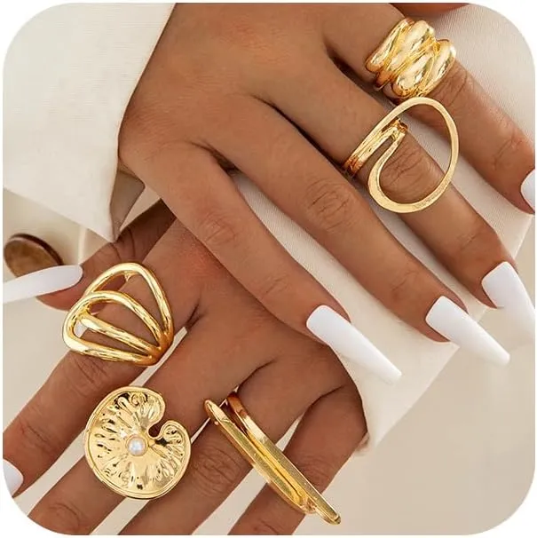 5Pcs Chunky Gold Rings Stackable for Women Trendy, Dainty Stacking Disc Circle Open Knuckle Ring Set Unique Thick Line Irregular Geometric Jewelry Gift