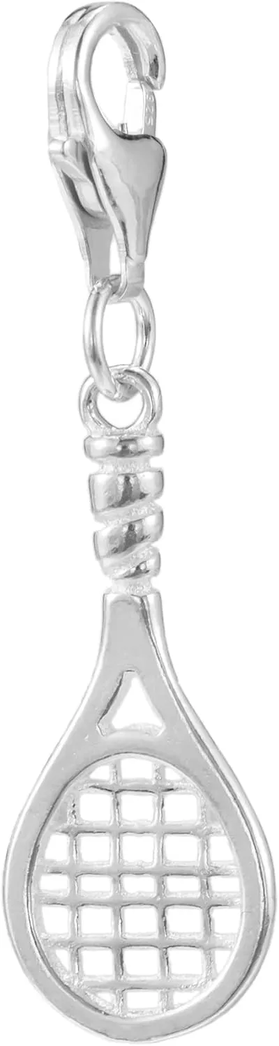 925 Sterling Silver Tennis Racket Clip-On Charm Lobster Clasp: Sporty Bracelet Necklace