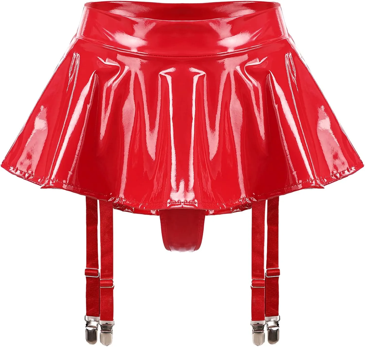 ACSUSS Women Faux Leather Built-in Thongs Ruffle Pleated Mini Skirt with 4 Garter Belts Metal Clips