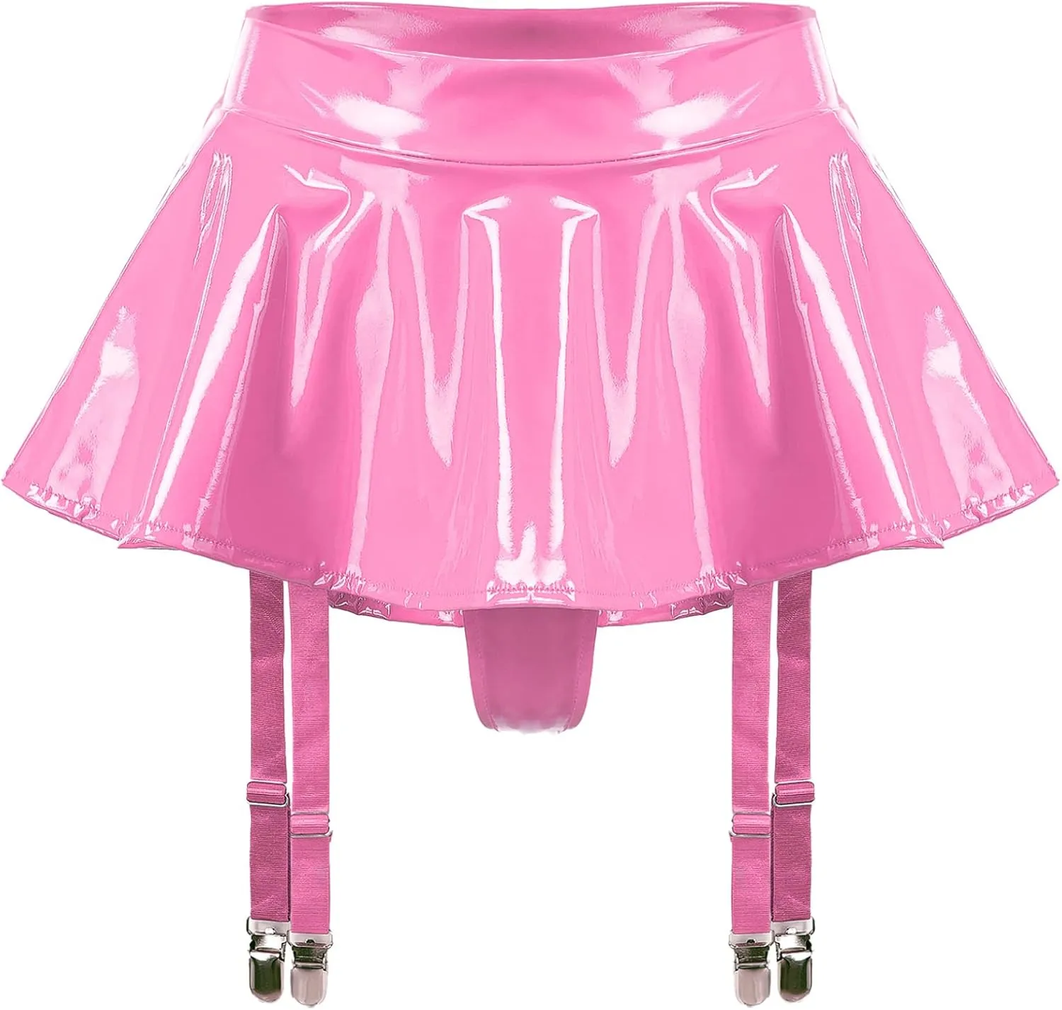 ACSUSS Women Faux Leather Built-in Thongs Ruffle Pleated Mini Skirt with 4 Garter Belts Metal Clips