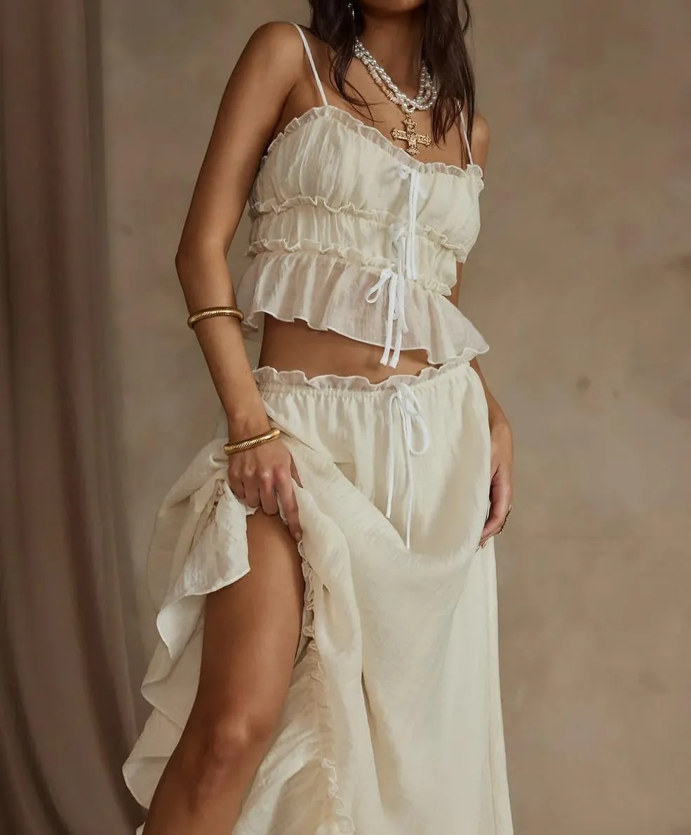 Adoeren Women Y2k Maxi Skirt Sets Ruffle Cami Crop Top Tiered Pleated Long Skirt 2 Piece Outfits Summer Casual Beachwear