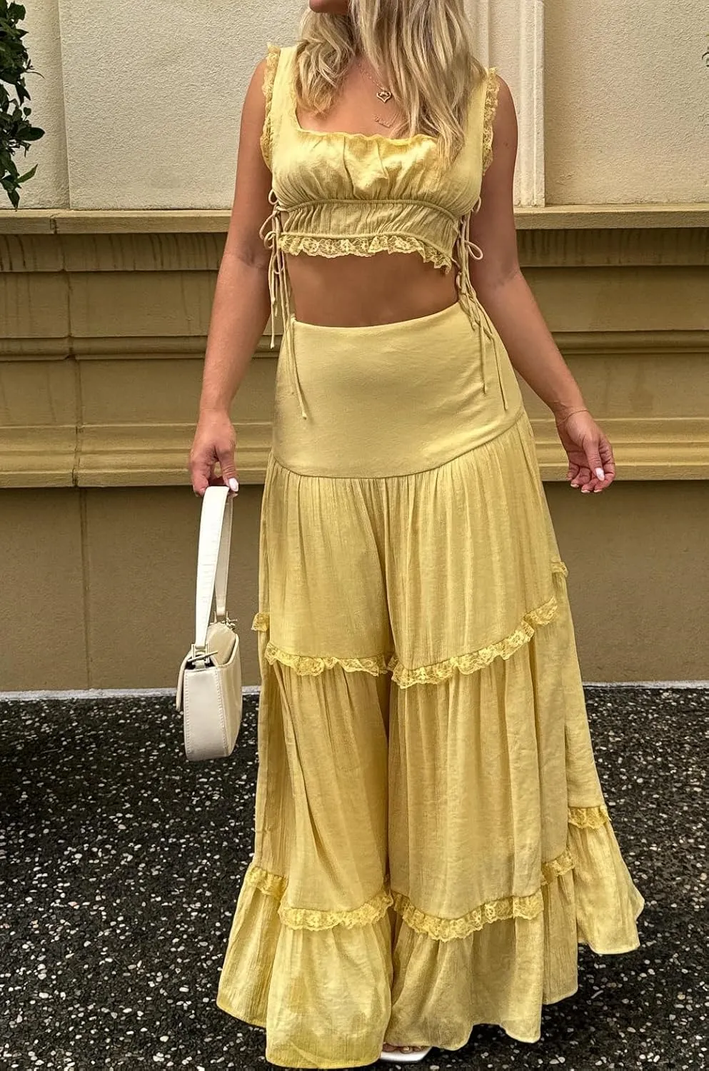 Adoeren Women Y2k Maxi Skirt Sets Ruffle Cami Crop Top Tiered Pleated Long Skirt 2 Piece Outfits Summer Casual Beachwear