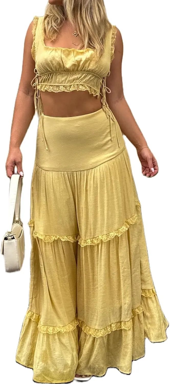 Adoeren Women Y2k Maxi Skirt Sets Ruffle Cami Crop Top Tiered Pleated Long Skirt 2 Piece Outfits Summer Casual Beachwear