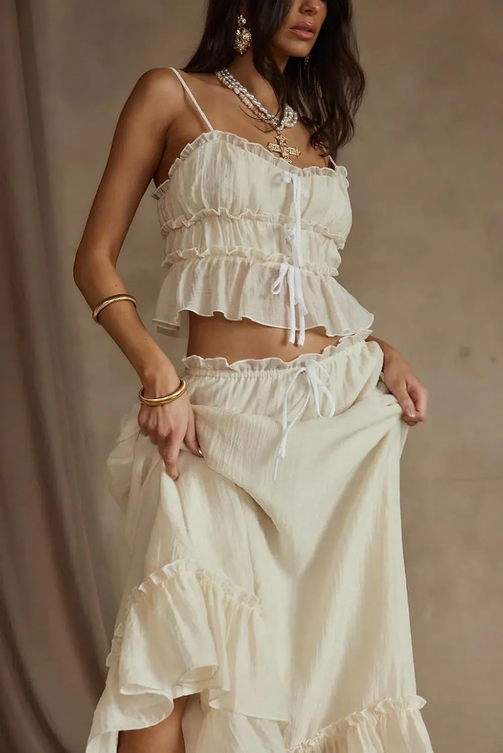Adoeren Women Y2k Maxi Skirt Sets Ruffle Cami Crop Top Tiered Pleated Long Skirt 2 Piece Outfits Summer Casual Beachwear