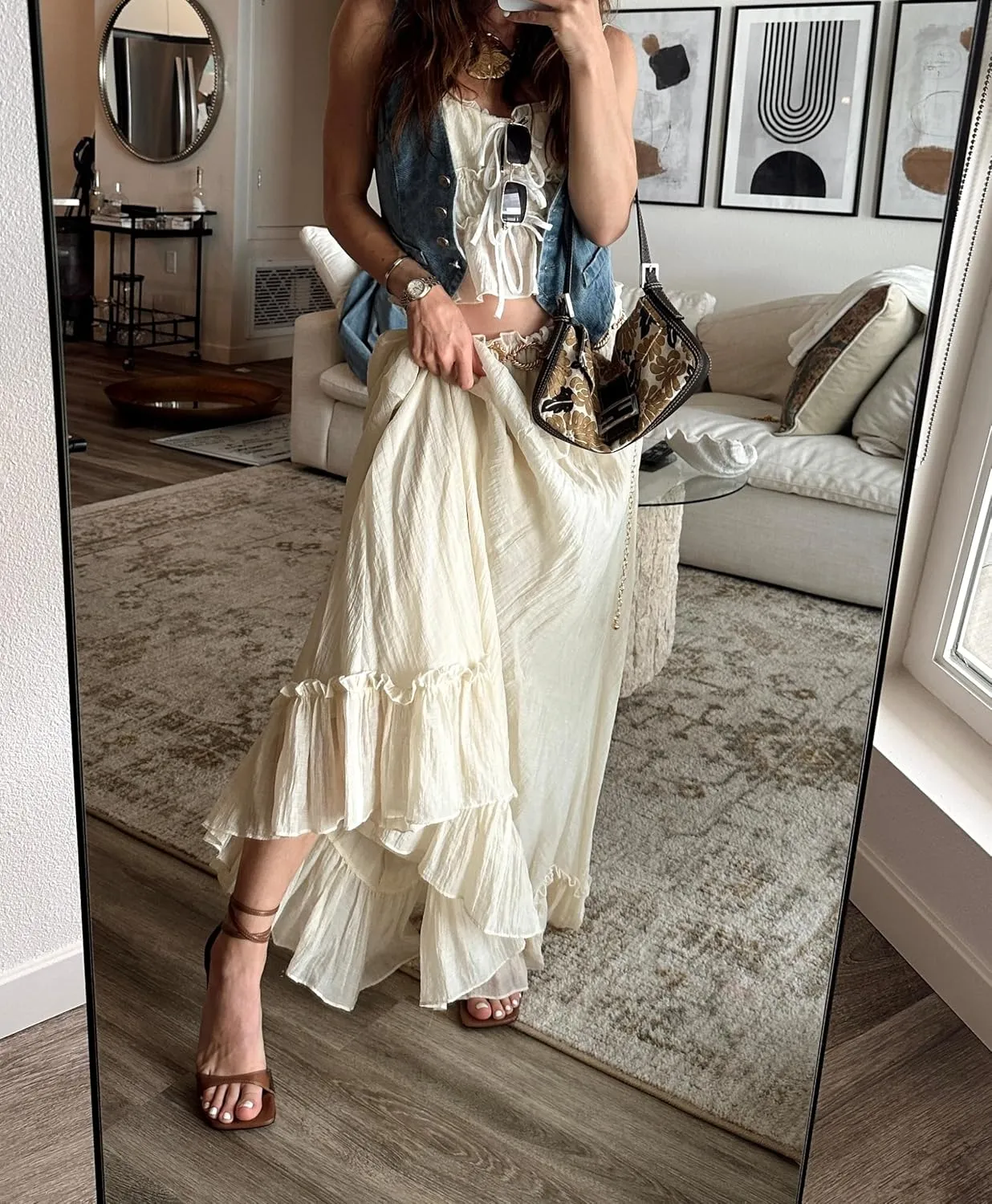 Adoeren Women Y2k Maxi Skirt Sets Ruffle Cami Crop Top Tiered Pleated Long Skirt 2 Piece Outfits Summer Casual Beachwear