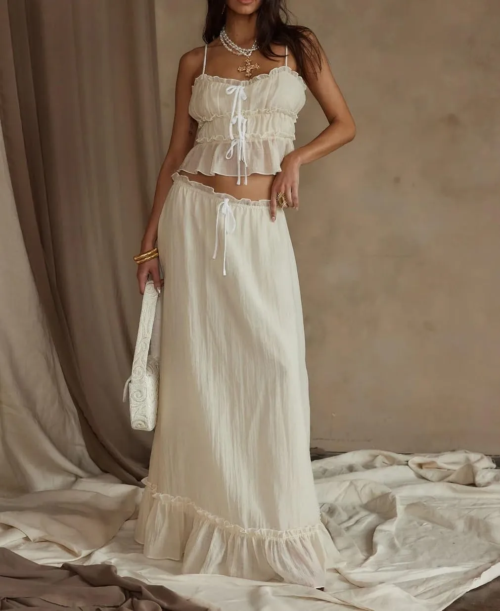 Adoeren Women Y2k Maxi Skirt Sets Ruffle Cami Crop Top Tiered Pleated Long Skirt 2 Piece Outfits Summer Casual Beachwear