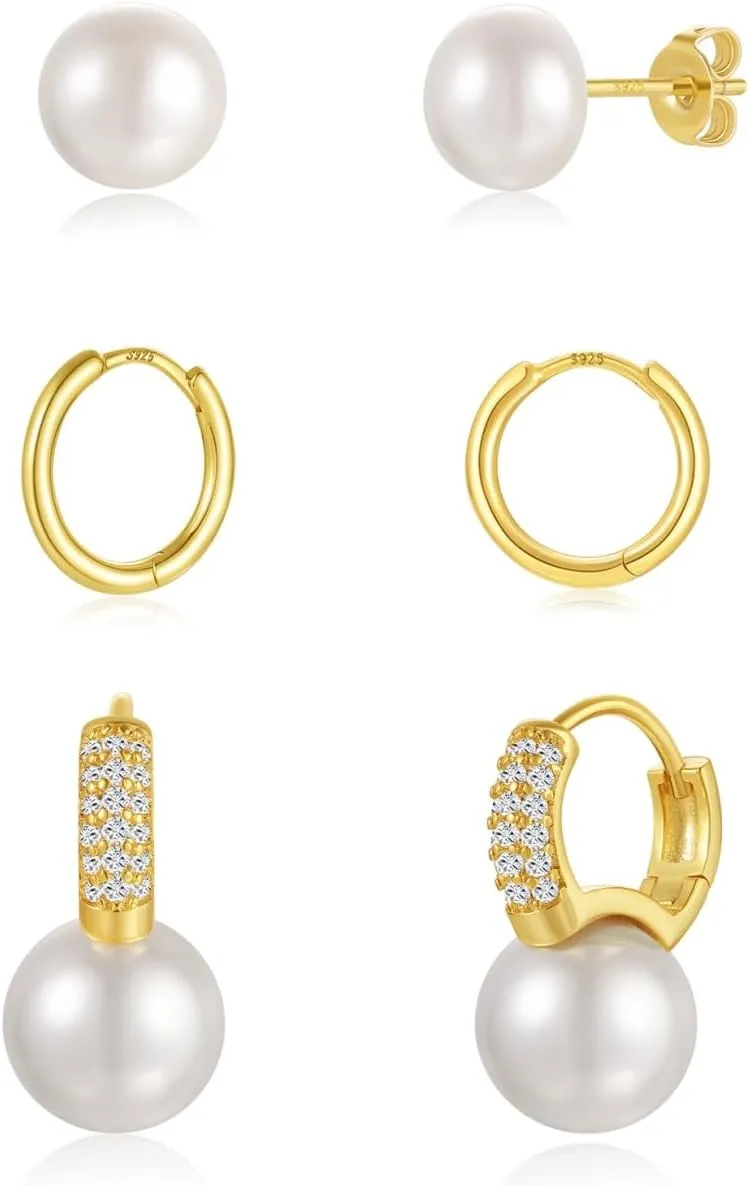 Angelady Pearl Earrings Set for Women, Trendy Pearl Stud Hoop Earring Stacks Gold, Dainty Pearls Earring Jewelry for Women, Valentines Day Earrings Gifts for Her