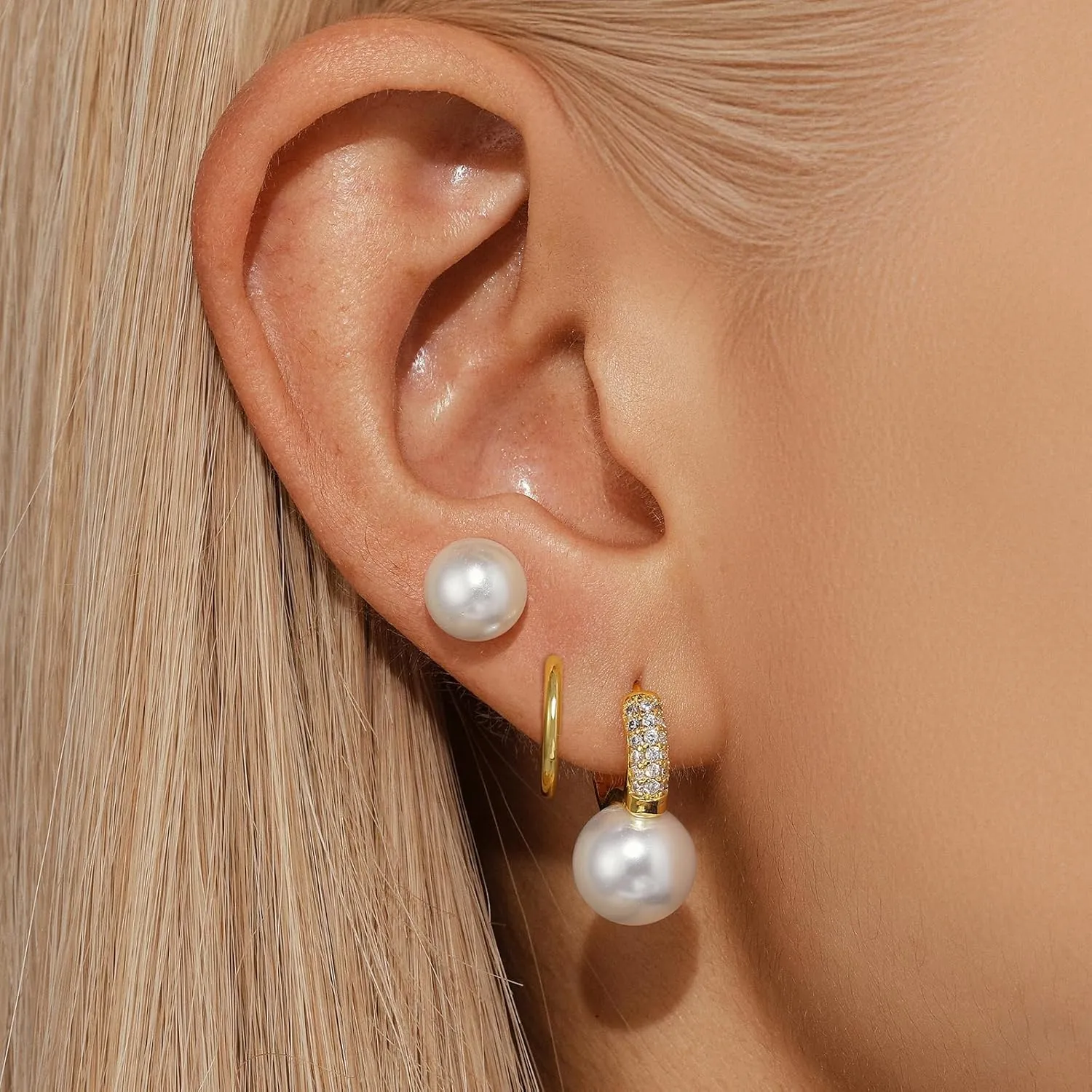 Angelady Pearl Earrings Set for Women, Trendy Pearl Stud Hoop Earring Stacks Gold, Dainty Pearls Earring Jewelry for Women, Valentines Day Earrings Gifts for Her