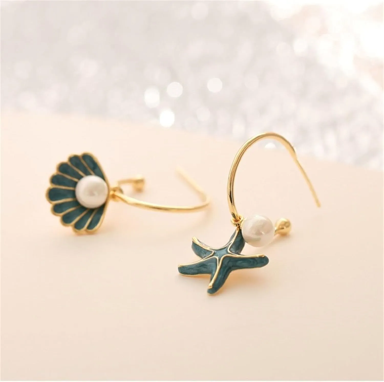 Asymmetric Starfish Seashell Earrings Gold Plated Boho Handmade Charm Cowrie Sea Shell Conch Star Ocean Animals Long Dangle Drop Earrings for Women Hawaii Summer Beach Party Holiday Jewelry Gifts