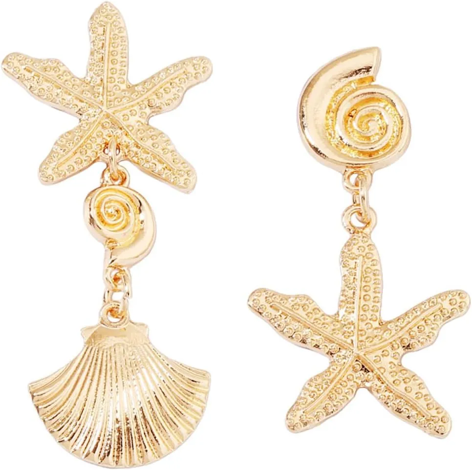 Asymmetrical Gold Starfish and Seashell Drop Earrings, Coastal Beachy Jewelry for Women, Sea Shell Conch Dangle Earrings for Women