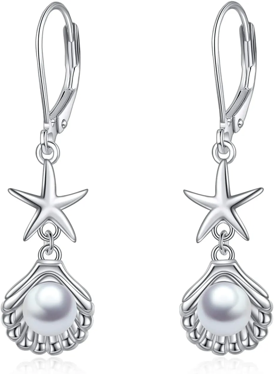 Beach Earrings 925 Sterling Silver Seashell Shell Pearl Leverback Earrings Starfish Drop Dangle Earrings Ocean Jewelry Gifts for Women