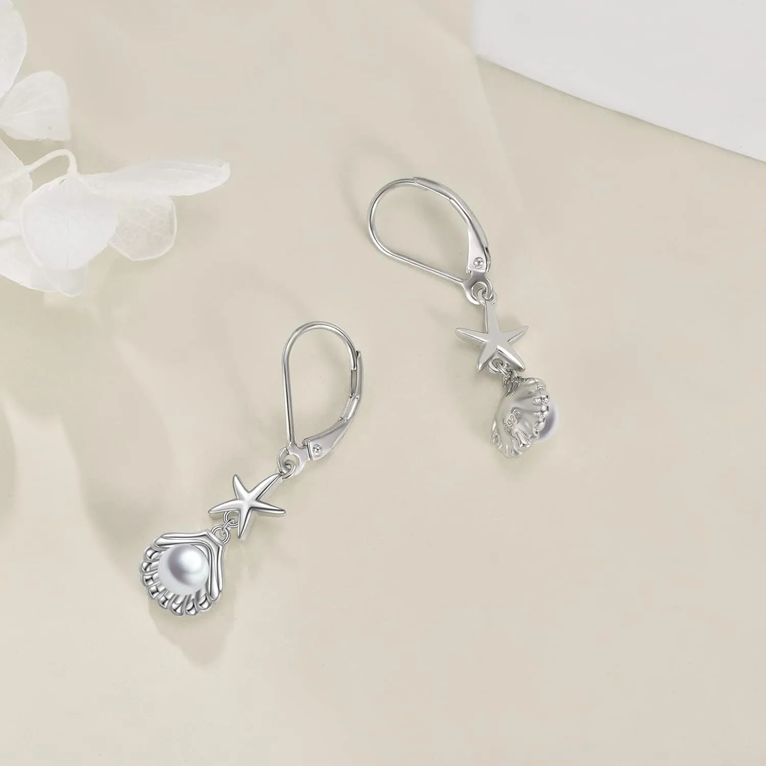 Beach Earrings 925 Sterling Silver Seashell Shell Pearl Leverback Earrings Starfish Drop Dangle Earrings Ocean Jewelry Gifts for Women